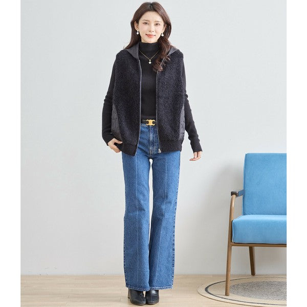 【M〜L】星柄キルティングブークレニットベスト｜TRUBE レディース フード付き 異素材切替 ジップ 前開き N35-025A