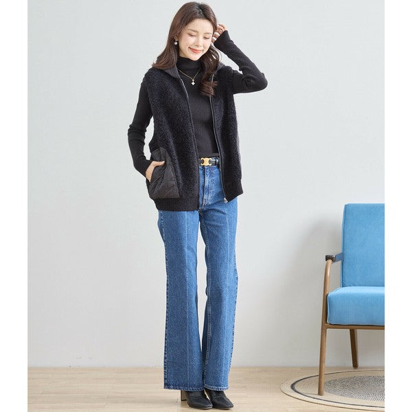 【M〜L】星柄キルティングブークレニットベスト｜TRUBE レディース フード付き 異素材切替 ジップ 前開き N35-025A