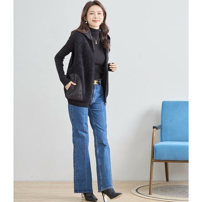 【M〜L】星柄キルティングブークレニットベスト｜TRUBE レディース フード付き 異素材切替 ジップ 前開き N35-025A