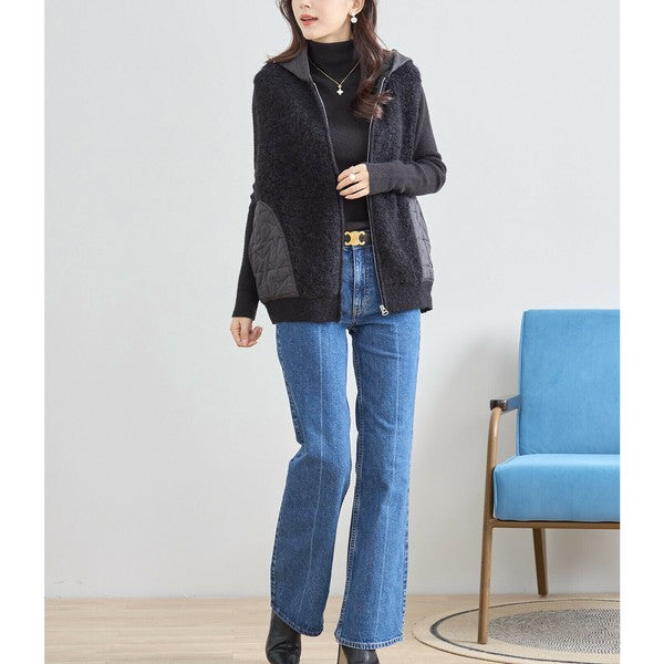 【M〜L】星柄キルティングブークレニットベスト｜TRUBE レディース フード付き 異素材切替 ジップ 前開き N35-025A