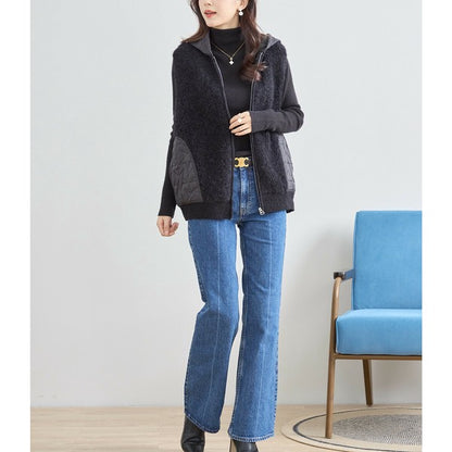 【M〜L】星柄キルティングブークレニットベスト｜TRUBE レディース フード付き 異素材切替 ジップ 前開き N35-025A