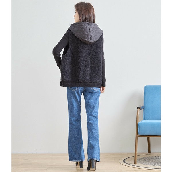 【M〜L】星柄キルティングブークレニットベスト｜TRUBE レディース フード付き 異素材切替 ジップ 前開き N35-025A