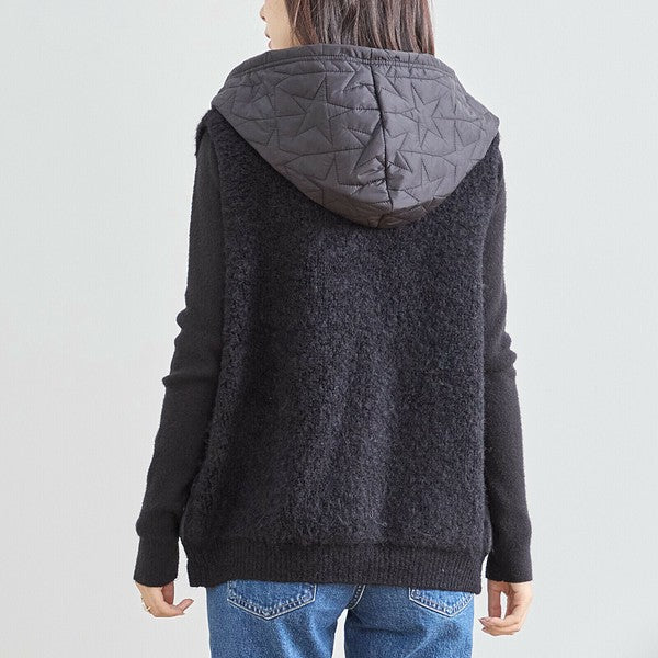 【M〜L】星柄キルティングブークレニットベスト｜TRUBE レディース フード付き 異素材切替 ジップ 前開き N35-025A