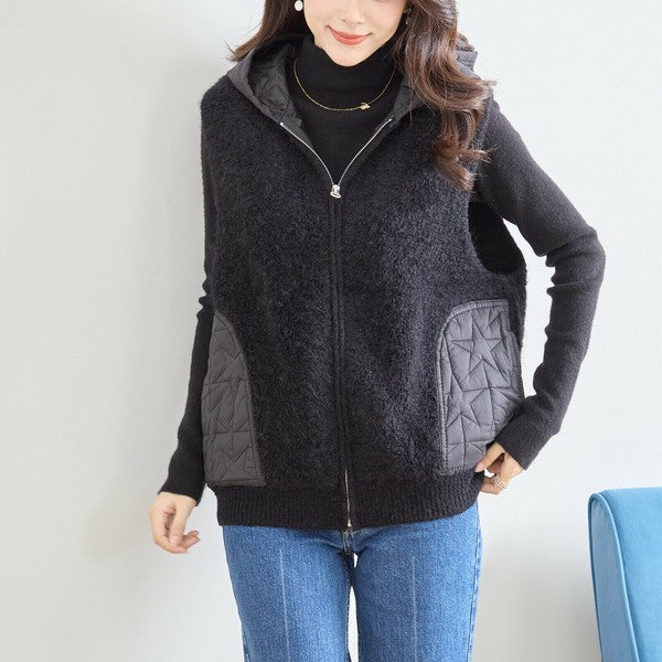 【M〜L】星柄キルティングブークレニットベスト｜TRUBE レディース フード付き 異素材切替 ジップ 前開き N35-025A