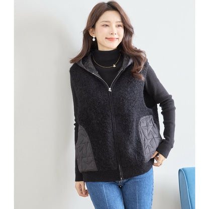 【M〜L】星柄キルティングブークレニットベスト｜TRUBE レディース フード付き 異素材切替 ジップ 前開き N35-025A