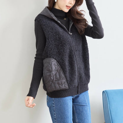 【M〜L】星柄キルティングブークレニットベスト｜TRUBE レディース フード付き 異素材切替 ジップ 前開き N35-025A