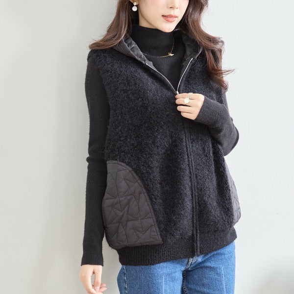 【M〜L】星柄キルティングブークレニットベスト｜TRUBE レディース フード付き 異素材切替 ジップ 前開き N35-025A