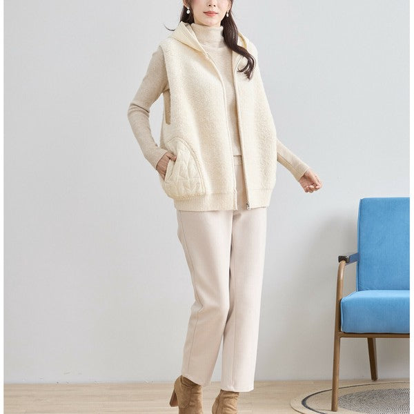 【M〜L】星柄キルティングブークレニットベスト｜TRUBE レディース フード付き 異素材切替 ジップ 前開き N35-025A