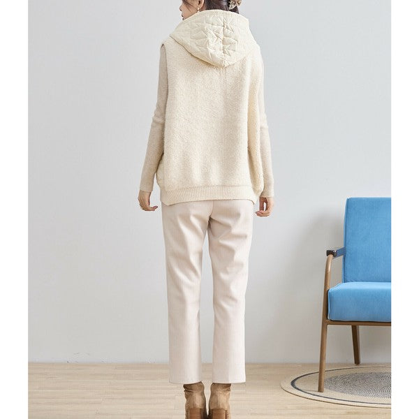 【M〜L】星柄キルティングブークレニットベスト｜TRUBE レディース フード付き 異素材切替 ジップ 前開き N35-025A