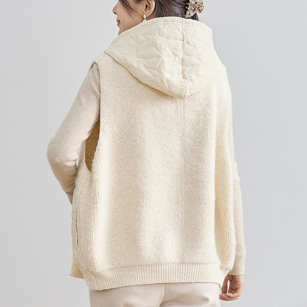 【M〜L】星柄キルティングブークレニットベスト｜TRUBE レディース フード付き 異素材切替 ジップ 前開き N35-025A