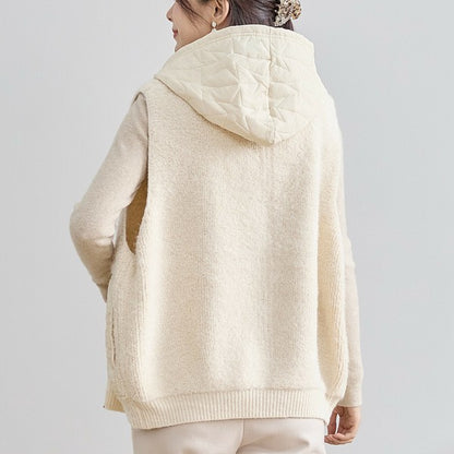 【M〜L】星柄キルティングブークレニットベスト｜TRUBE レディース フード付き 異素材切替 ジップ 前開き N35-025A