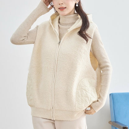 【M〜L】星柄キルティングブークレニットベスト｜TRUBE レディース フード付き 異素材切替 ジップ 前開き N35-025A