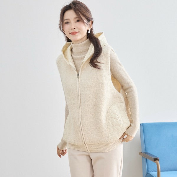 【M〜L】星柄キルティングブークレニットベスト｜TRUBE レディース フード付き 異素材切替 ジップ 前開き N35-025A