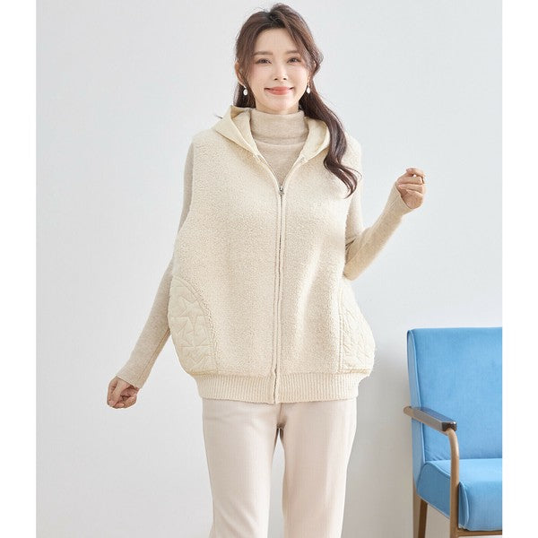 【M〜L】星柄キルティングブークレニットベスト｜TRUBE レディース フード付き 異素材切替 ジップ 前開き N35-025A