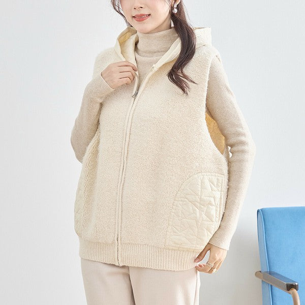 【M〜L】星柄キルティングブークレニットベスト｜TRUBE レディース フード付き 異素材切替 ジップ 前開き N35-025A