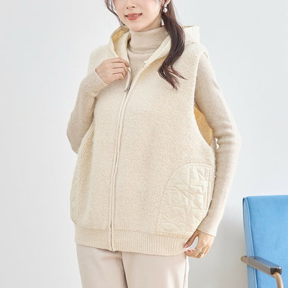 【M〜L】星柄キルティングブークレニットベスト｜TRUBE レディース フード付き 異素材切替 ジップ 前開き N35-025A