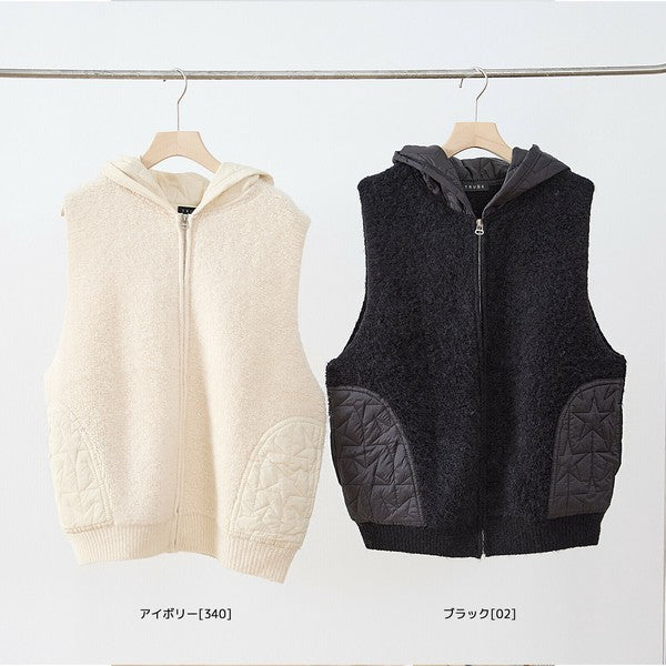 【M〜L】星柄キルティングブークレニットベスト｜TRUBE レディース フード付き 異素材切替 ジップ 前開き N35-025A