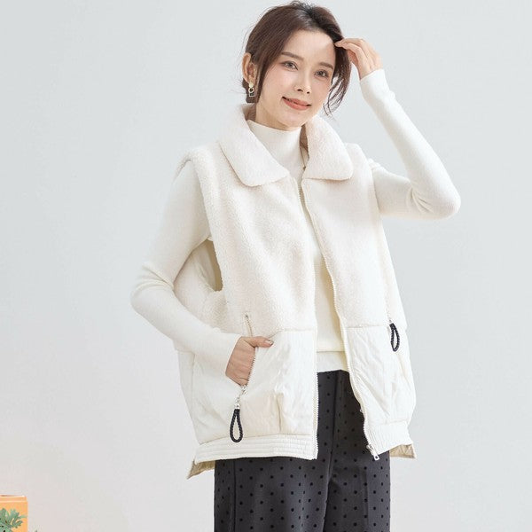 【M〜L】軽量ボア×ナイロン切替ベスト｜暖かジップアップ・異素材デザイン・秋冬レイヤードスタイル TRUBE｜N32-010A