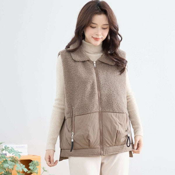 M〜L】軽量ボア×ナイロン切替ベスト｜暖かジップアップ・異素材