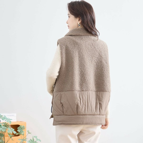 【M〜L】軽量ボア×ナイロン切替ベスト｜暖かジップアップ・異素材デザイン・秋冬レイヤードスタイル TRUBE｜N32-010A