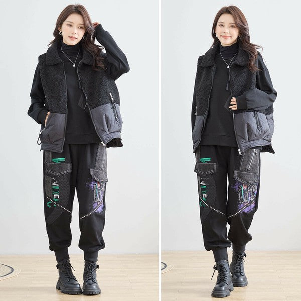 【M〜L】軽量ボア×ナイロン切替ベスト｜暖かジップアップ・異素材デザイン・秋冬レイヤードスタイル TRUBE｜N32-010A