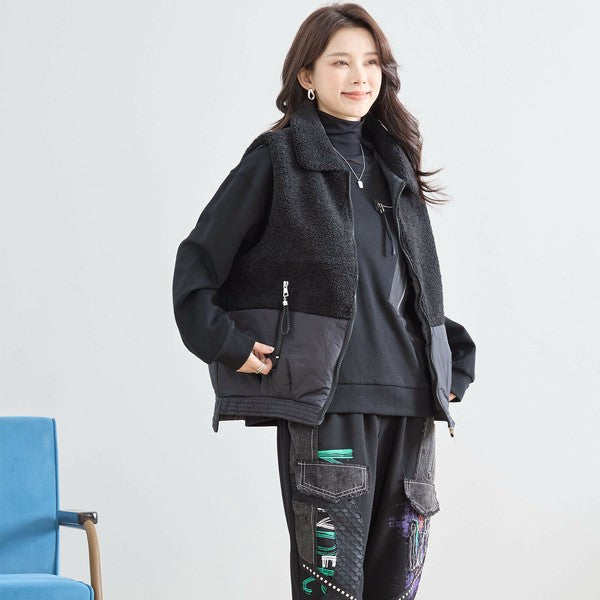 【M〜L】軽量ボア×ナイロン切替ベスト｜暖かジップアップ・異素材デザイン・秋冬レイヤードスタイル TRUBE｜N32-010A