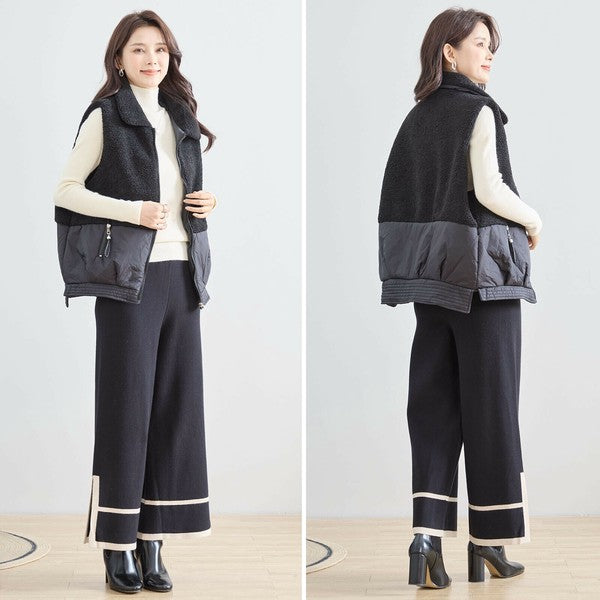 【M〜L】軽量ボア×ナイロン切替ベスト｜暖かジップアップ・異素材デザイン・秋冬レイヤードスタイル TRUBE｜N32-010A