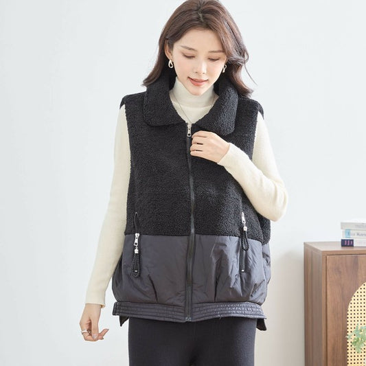 【M〜L】軽量ボア×ナイロン切替ベスト｜暖かジップアップ・異素材デザイン・秋冬レイヤードスタイル TRUBE｜N32-010A
