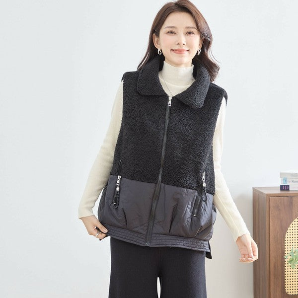 【M〜L】軽量ボア×ナイロン切替ベスト｜暖かジップアップ・異素材デザイン・秋冬レイヤードスタイル TRUBE｜N32-010A