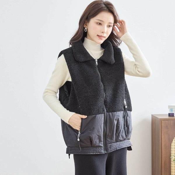 【M〜L】軽量ボア×ナイロン切替ベスト｜暖かジップアップ・異素材デザイン・秋冬レイヤードスタイル TRUBE｜N32-010A