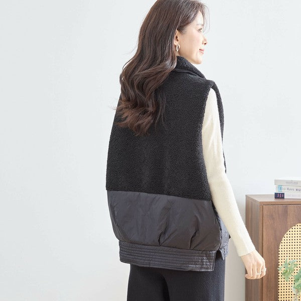 【M〜L】軽量ボア×ナイロン切替ベスト｜暖かジップアップ・異素材デザイン・秋冬レイヤードスタイル TRUBE｜N32-010A