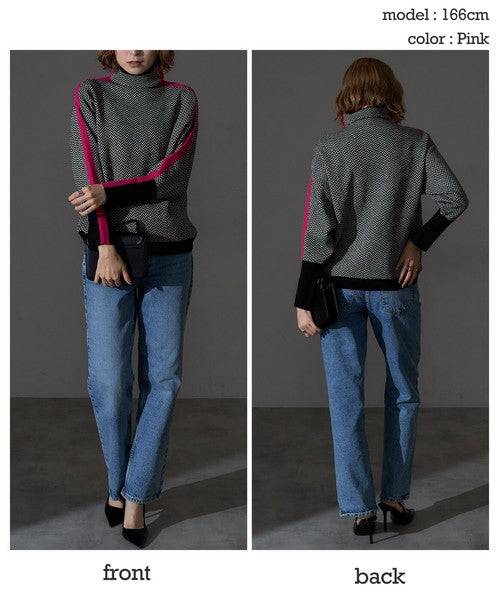 【M〜L】配色ライン入りハイネックニット｜Economico