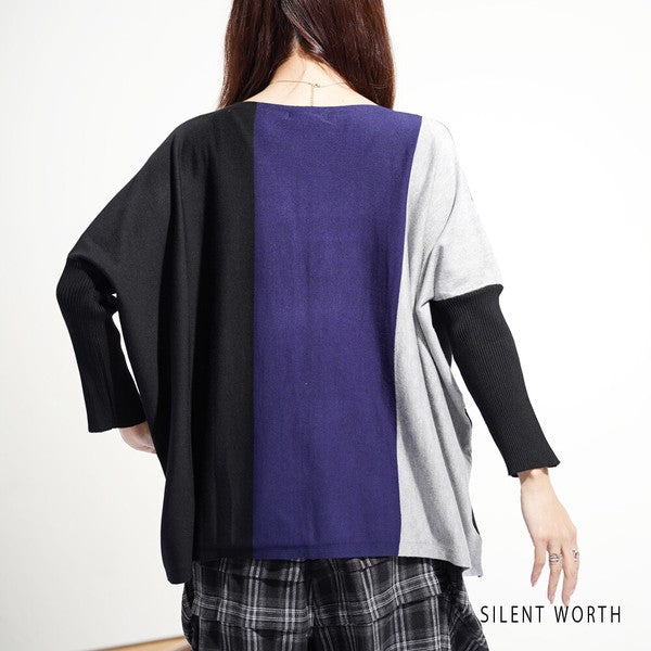 ニット プルオーバー 3配色 切替 長袖 ゆったり 体型カバー 秋 冬 M L