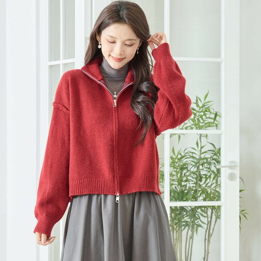 【M〜L】ダブルジップアップニットジャケット｜軽やかニットアウター・ショート丈・reve bleu N25-274