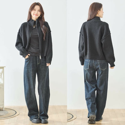 【M〜L】ダブルジップアップニットジャケット｜軽やかニットアウター・ショート丈・reve bleu N25-274