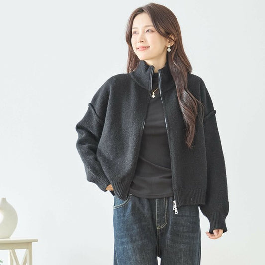 【M〜L】ダブルジップアップニットジャケット｜軽やかニットアウター・ショート丈・reve bleu N25-274