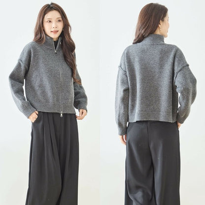 【M〜L】ダブルジップアップニットジャケット｜軽やかニットアウター・ショート丈・reve bleu N25-274