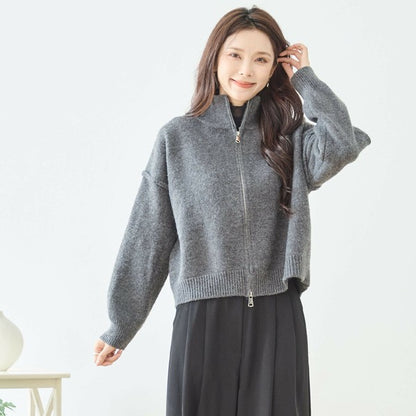 【M〜L】ダブルジップアップニットジャケット｜軽やかニットアウター・ショート丈・reve bleu N25-274