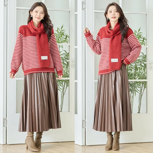 M〜L】ボーダーニット×マフラーセットプルオーバー｜ふんわり軽やか