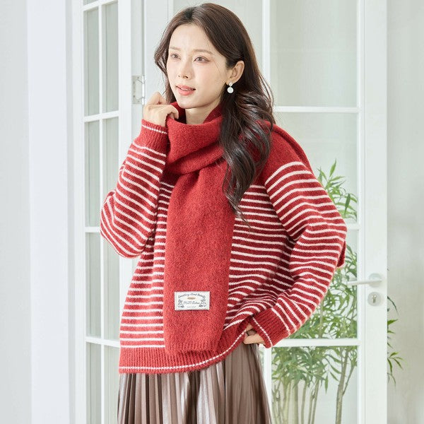 M〜L】ボーダーニット×マフラーセットプルオーバー｜ふんわり軽やか