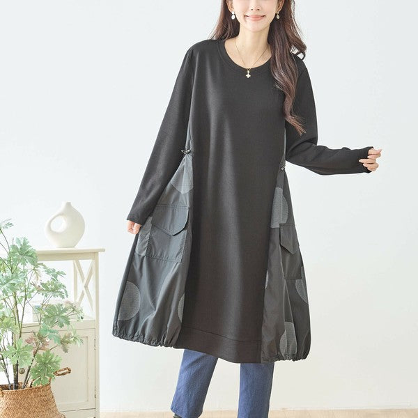 M〜L】異素材ドット切替チュニックワンピース｜立体感シルエット