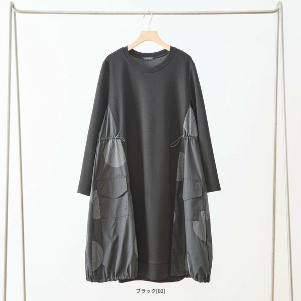 M〜L】異素材ドット切替チュニックワンピース｜立体感シルエット・体型