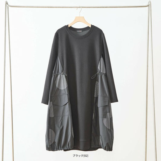 【M〜L】異素材ドット切替チュニックワンピース｜立体感シルエット・体型カバー・秋冬・N83-224