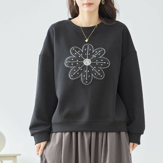 【L〜LL】フラワービジュ刺繍スウェットプルオーバー｜華やかモチーフ×ゆったり体型カバー・TRUBE N12-884