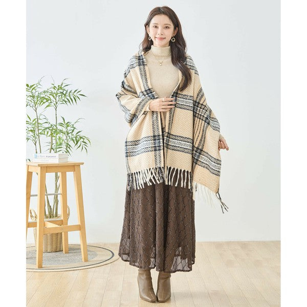 秋冬】チェックフリンジ大判ストール｜ふんわり柔らか・ショール使いも