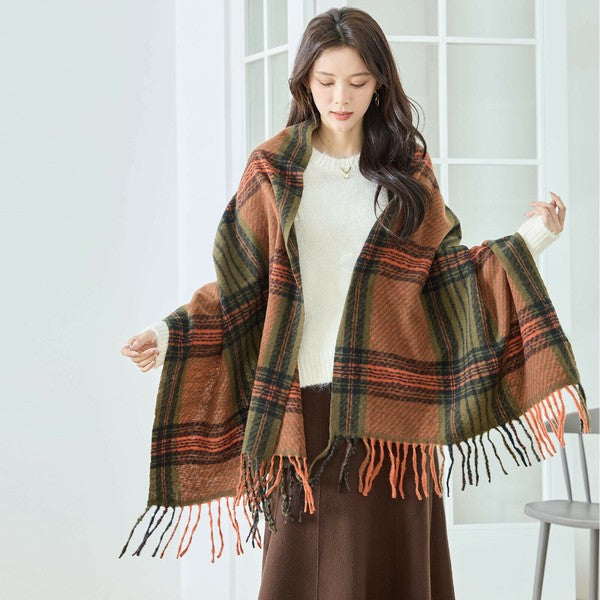 秋冬】チェックフリンジ大判ストール｜ふんわり柔らか・ショール使いも