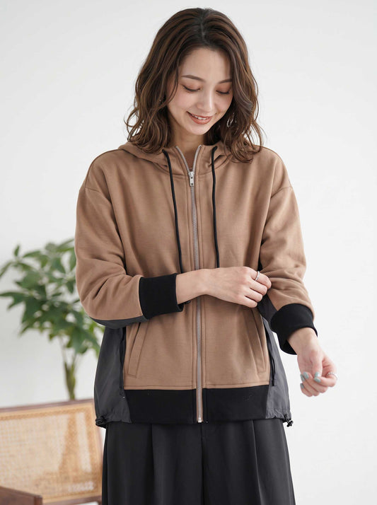 パーカー ジップアップ 異素材 切替 ドロスト 長袖 ゆったり 体型カバー 秋 冬 M