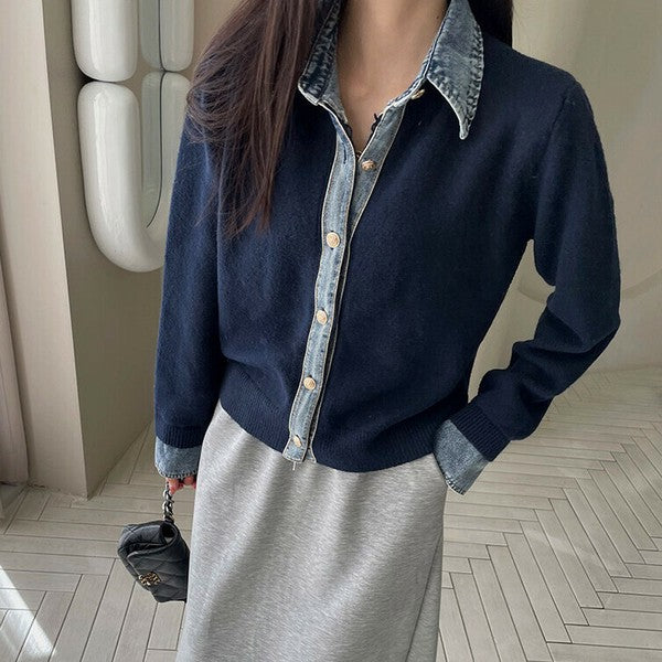 【M〜L】デニム切替・襟付きヴィンテージ風ニットカーディガン｜異素材×大人カジュアル・秋冬防寒・13942453