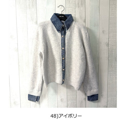 【M〜L】デニム切替・襟付きヴィンテージ風ニットカーディガン｜異素材×大人カジュアル・秋冬防寒・13942453