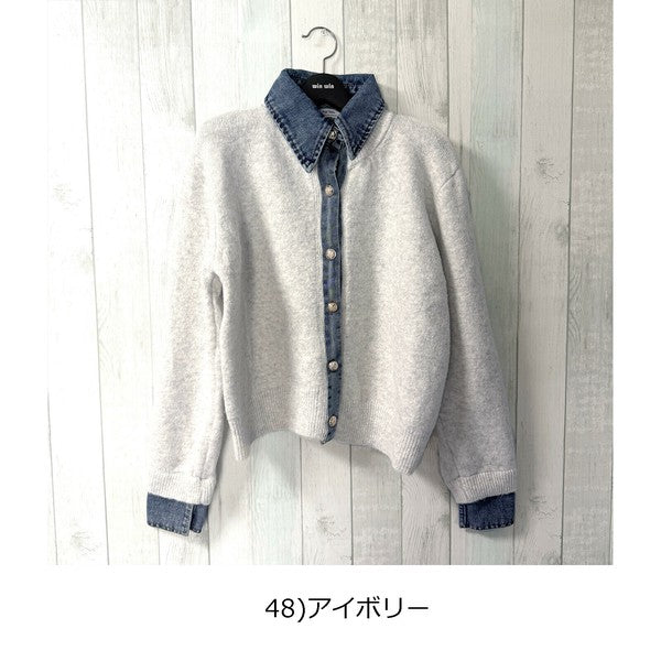 【M〜L】デニム切替・襟付きヴィンテージ風ニットカーディガン｜異素材×大人カジュアル・秋冬防寒・13942453